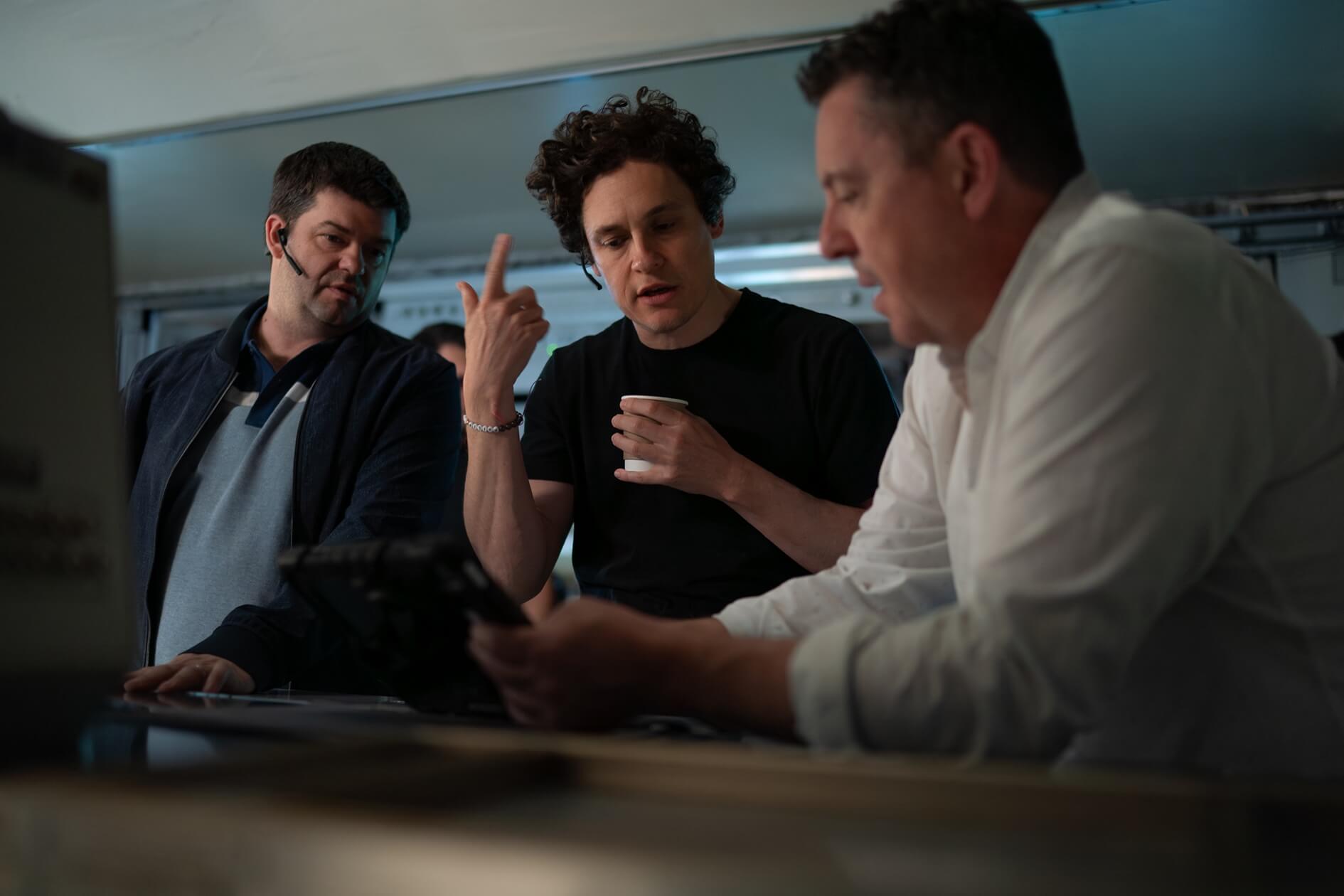 Greig Fraser with directors Phil Lord and Christopher Miller on the set of Project Hail Mary